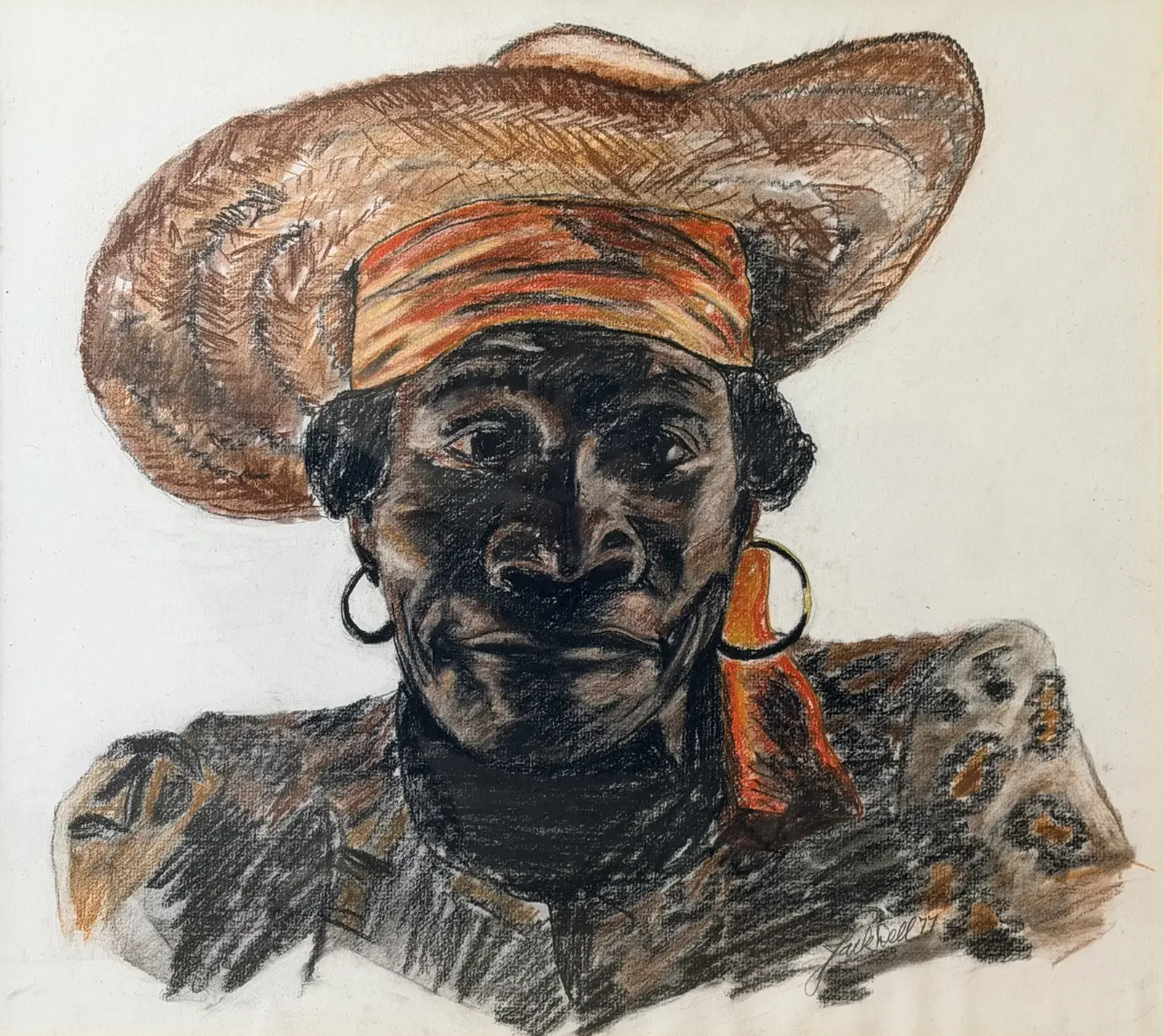 olored-pencil portrait by Jack Dell of a Bahamian woman wearing a broad-brimmed hat and striped headband, created in 1977.