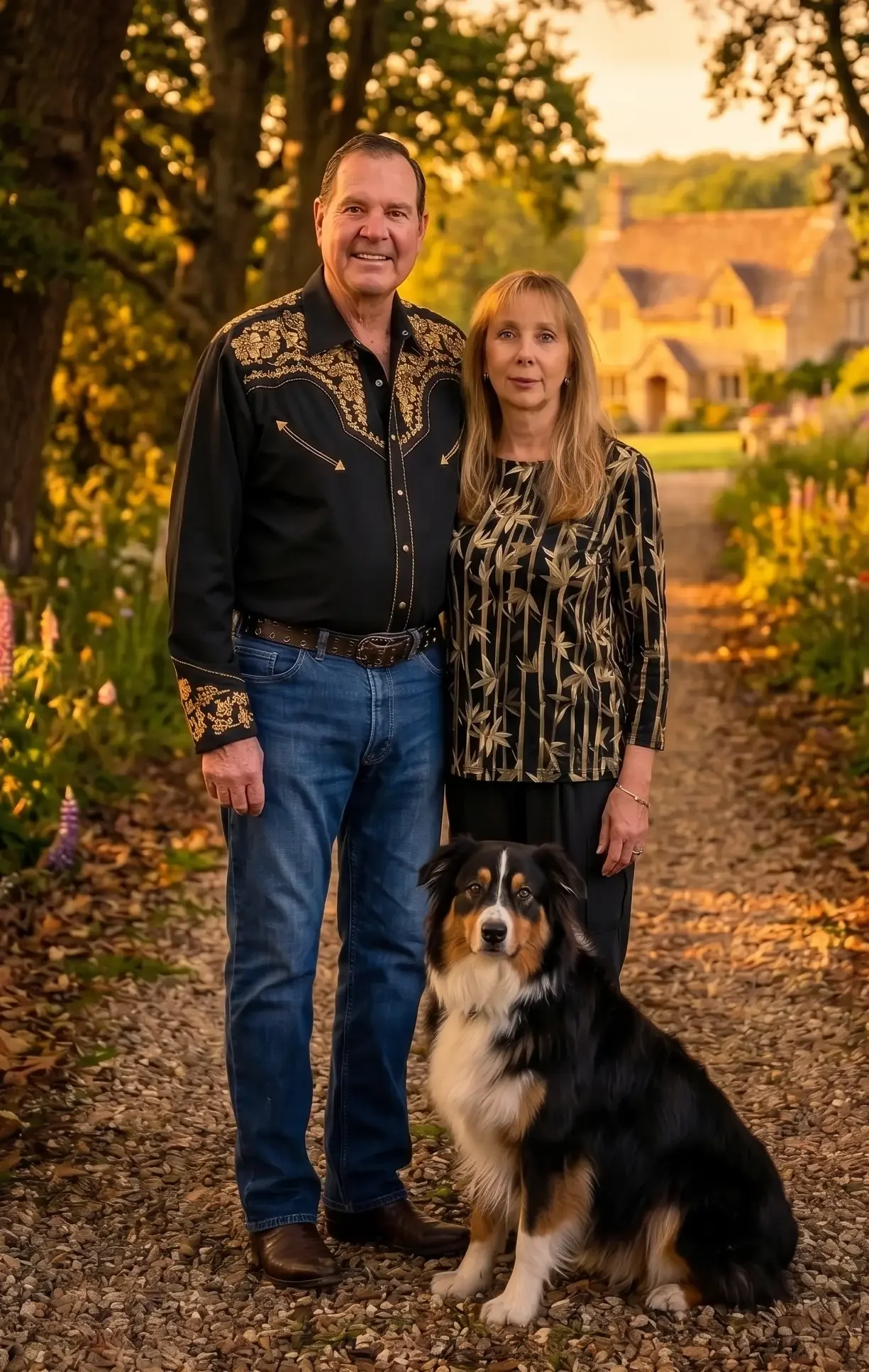 Jack and Laura Dell standing with their dog Rosie on a garden path at sunset.