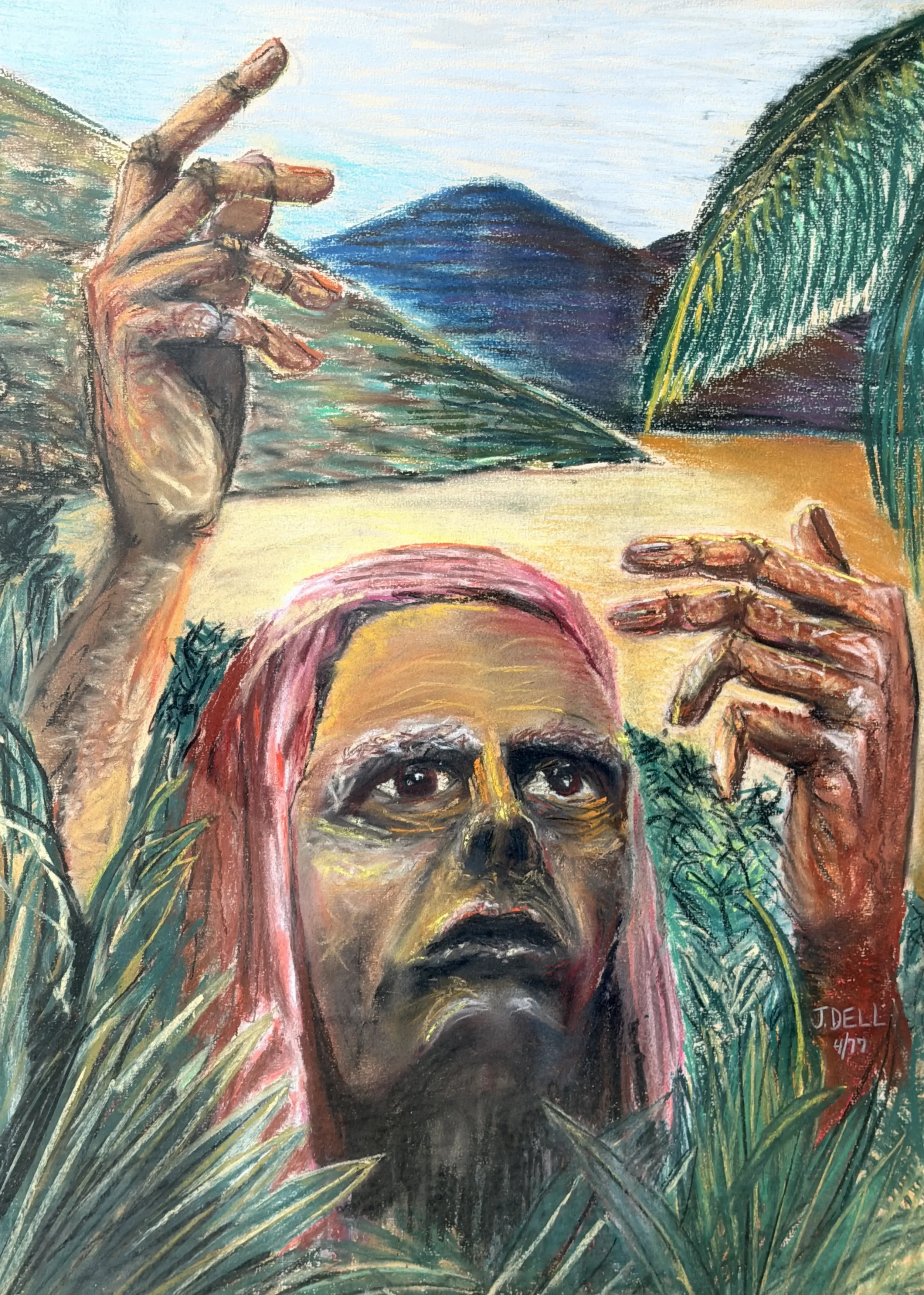 xpressive pastel by Jack Dell of a solemn figure in a pink head covering raising both hands in prayer, set against a mountainous landscape.
