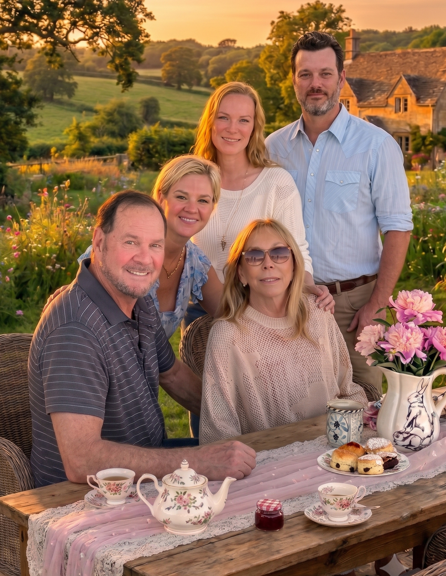 Jack Dell with his wide Laura, daughters and son pictured against an idyllic country-side backdrop during tea time.