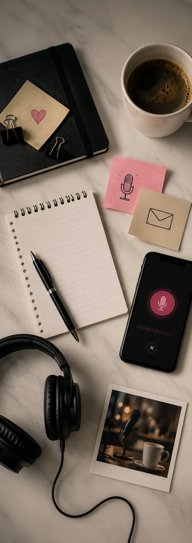A flat lay of a workspace with a notebook, pen, headphones, a smartphone with a voice recording app, a cup of coffee, sticky notes with icons of a microphone and an envelope, a black notebook, and a Polaroid photo of a microphone and coffee mug.