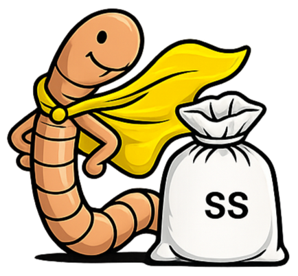 Cartoon worm with a yellow cape standing next to a bag labeled 'SS'.