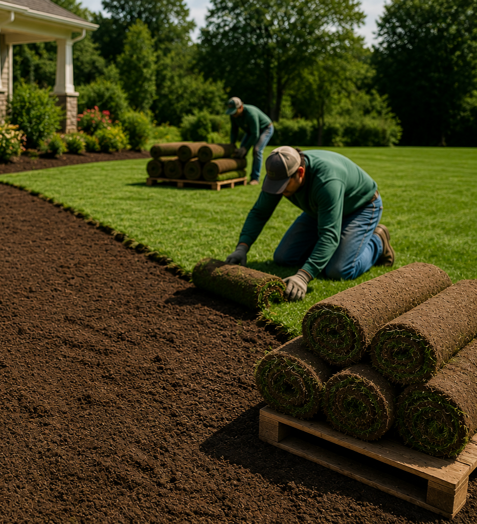 Two workers laying down new sod in a backyard, with rolls of sod in the foreground and a house with plants on the left.