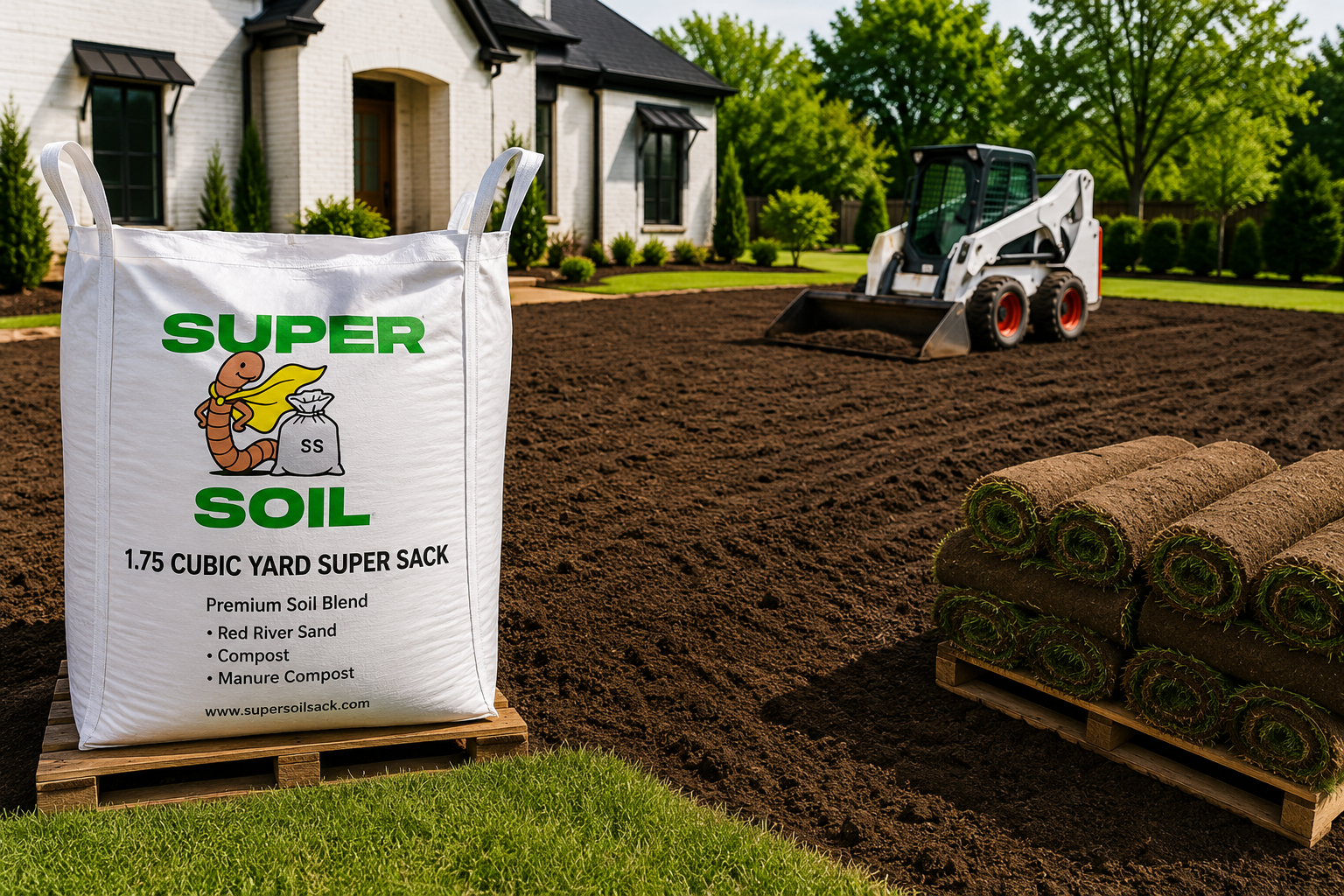 A large bag of super soil and a rolled-up sod on a wooden pallet in front of a freshly tilled garden bed with a small skid-steer loader in the background, outside a house with a white exterior and black window awnings, on a sunny day with green trees in the yard.