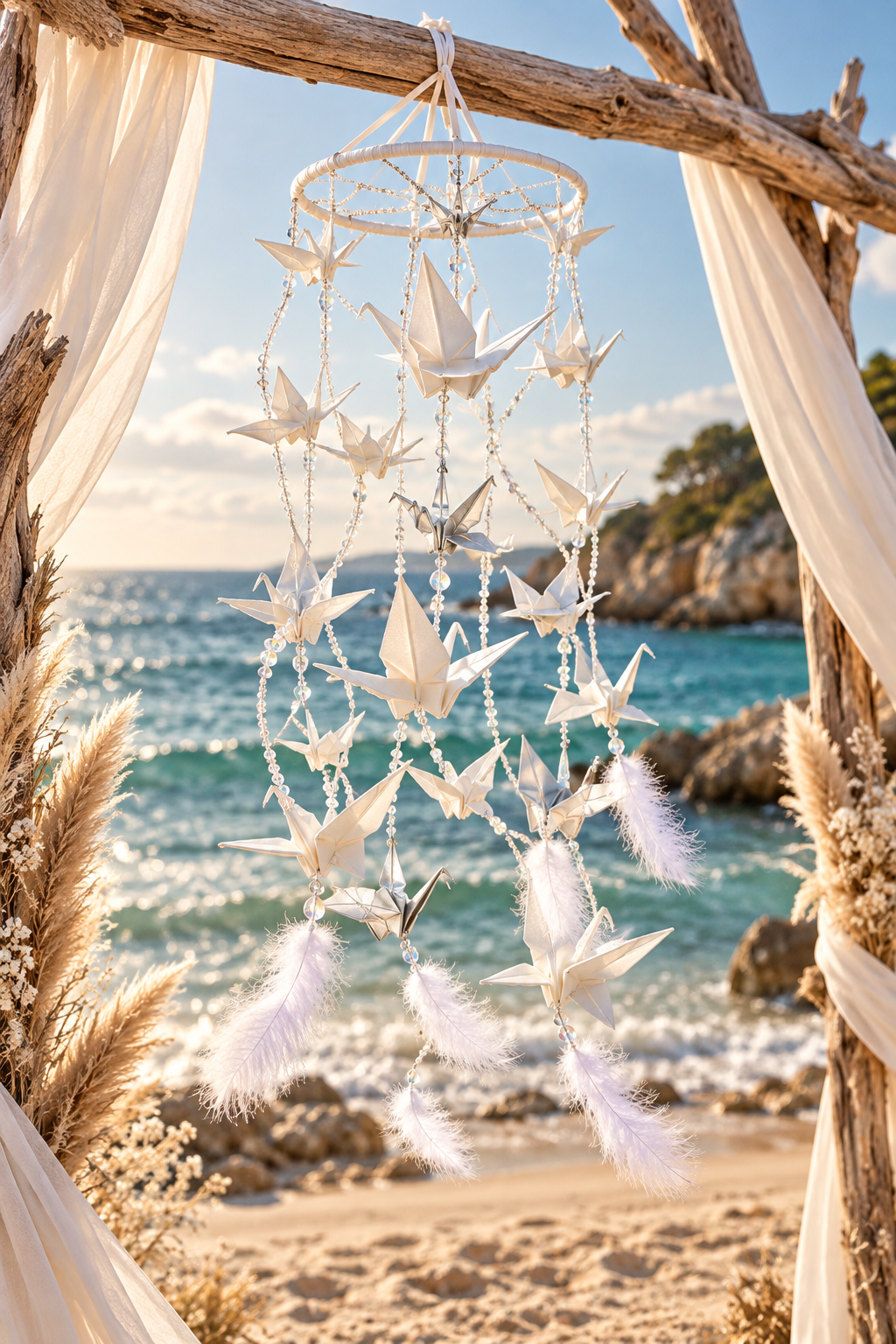 Origami crane mobile on a driftwood arch.png