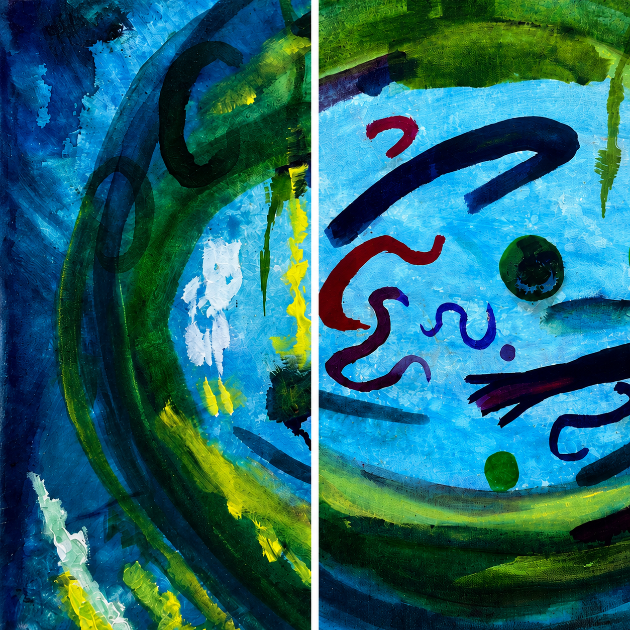 Abstract painting with vibrant blue, green, yellow, red, and black brushstrokes and shapes on two canvases, creating a dynamic and colorful composition.