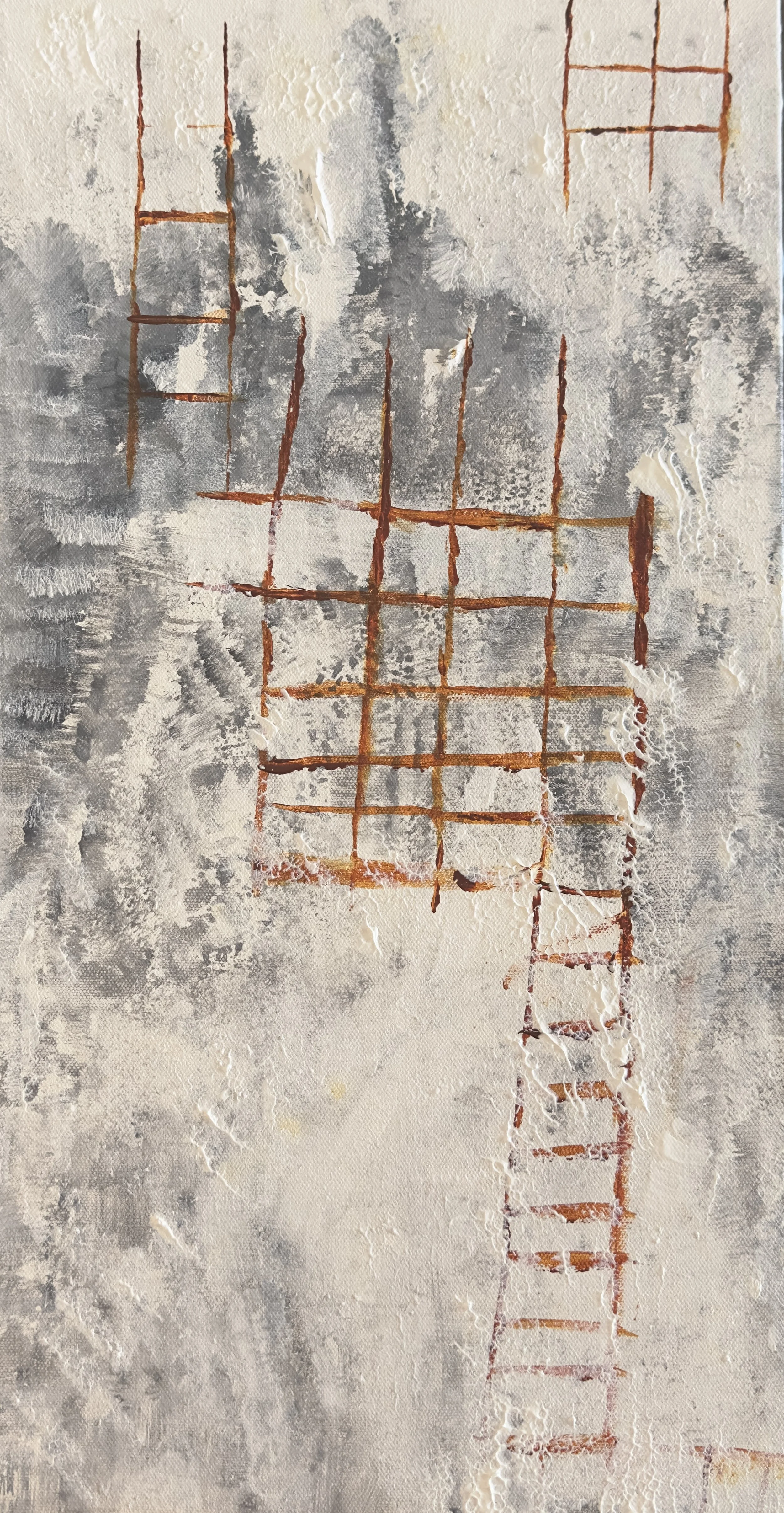 An abstract painting featuring a grid of orange lines on a textured, muted background of gray and beige tones.