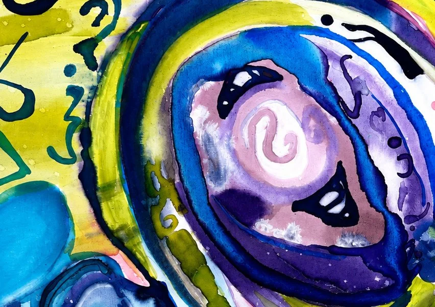 Abstract watercolor painting with swirling blue, purple, green, yellow, pink, and black colors.