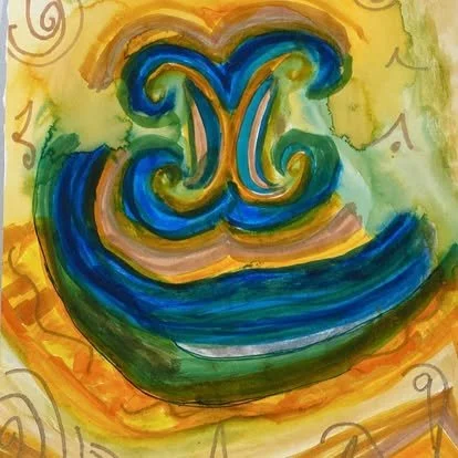 Abstract watercolor painting with swirling shapes in blue, green, yellow, and orange hues.
