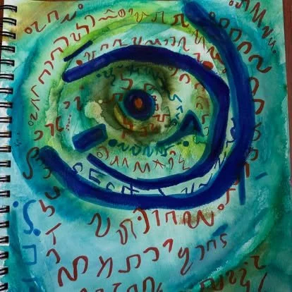 An abstract painting of a human eye surrounded by colorful swirling Arabic or Persian script, with blue and green watercolor background.