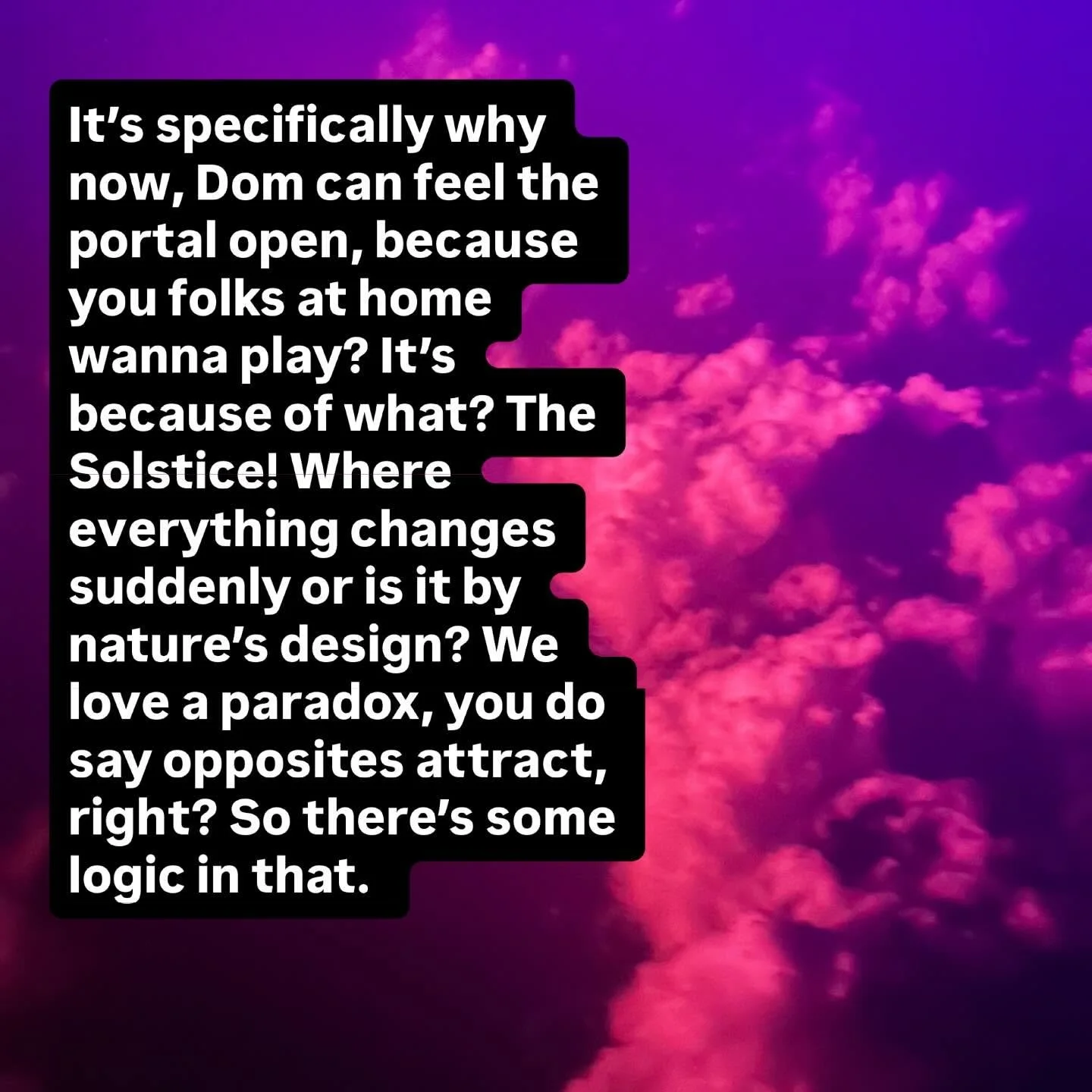 Text overlay on a pink and purple cloud-filled sky discussing the solstice and natural cycles.