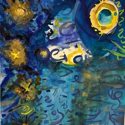 Abstract painting with blue, yellow, green, and black swirls, stars, and eye motifs.