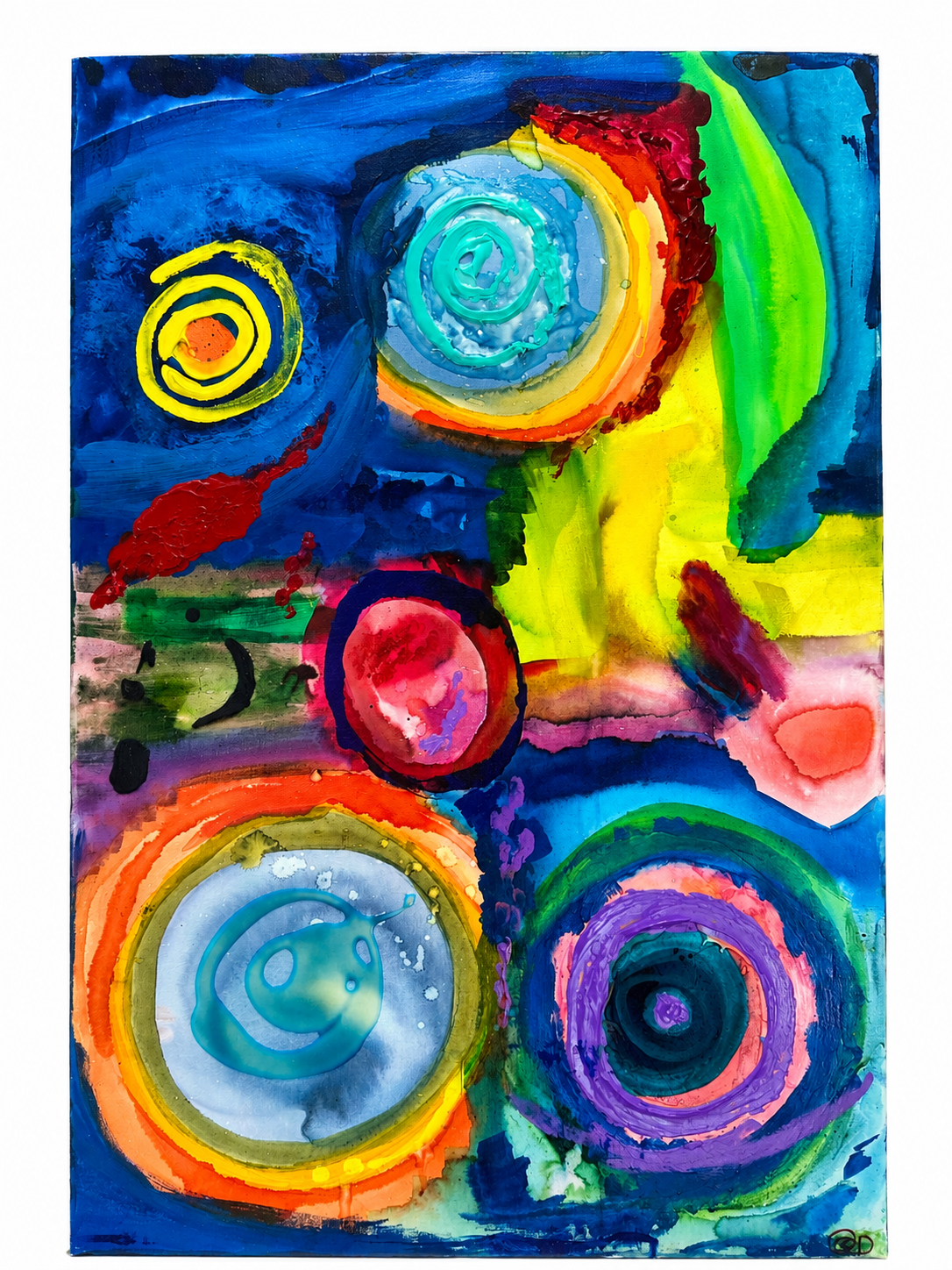 Abstract colorful painting with circles and spiral patterns in blue, green, red, yellow, orange, purple, and pink.