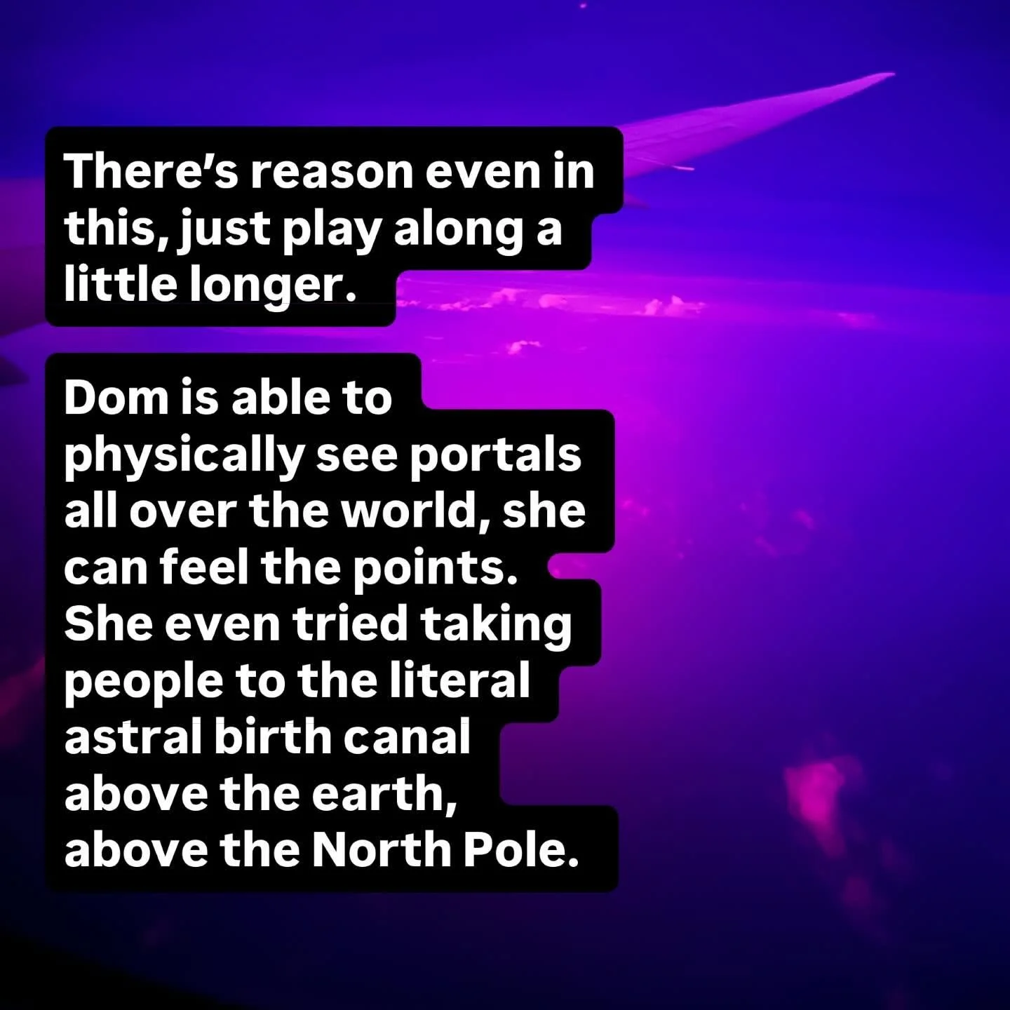 Text overlay on a background of purple and pink clouds and a rocket, discussing portals and the astral birth canal above the earth and North Pole.