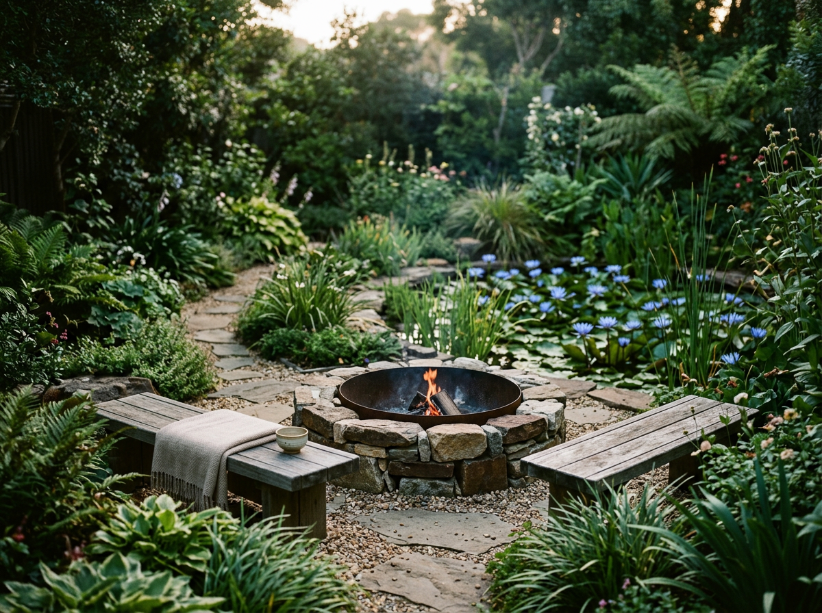 A serene backyard garden with a stone-lined fire pit in the center, surrounded by lush green plants, trees, and flowering water lilies on a pond. There are two wooden benches, one with a beige towel and a small bowl on it. The scene is lit by soft natural light, creating a peaceful atmosphere.