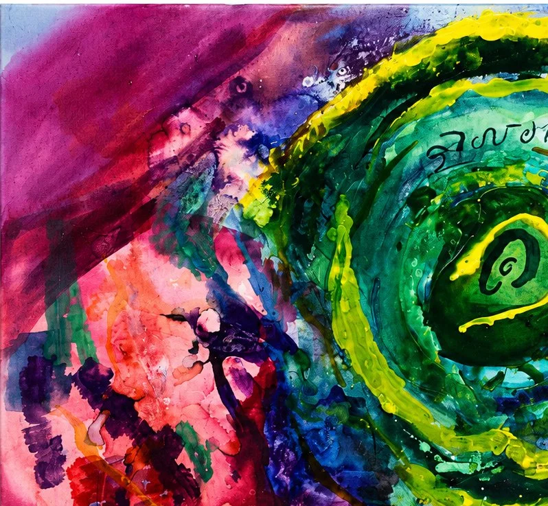 Abstract watercolor painting with bright colors, swirling green and yellow shapes on the right and pink and purple hues on the left.