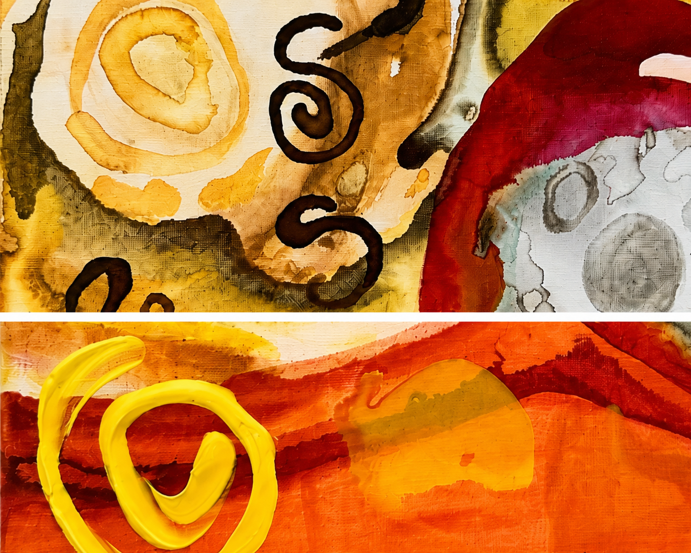 Close-up of an abstract painting with warm earth tones, swirling shapes, black spirals, a large red semi-circle, and prominent yellow brushstrokes.