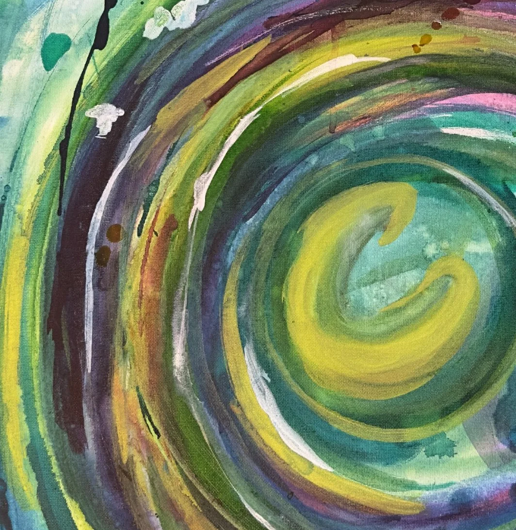 Abstract watercolor painting featuring a swirling spiral pattern in shades of green, yellow, purple, and white.