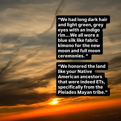 Sunset sky with clouds and two black text boxes containing quotes about Native American traditions and attire.