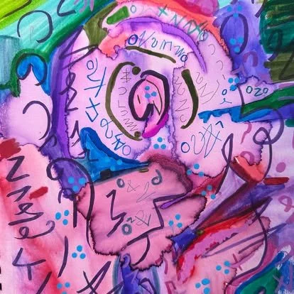 Abstract colorful painting with swirling shapes, black markings, and various symbols and numbers in pink, purple, green, and blue.