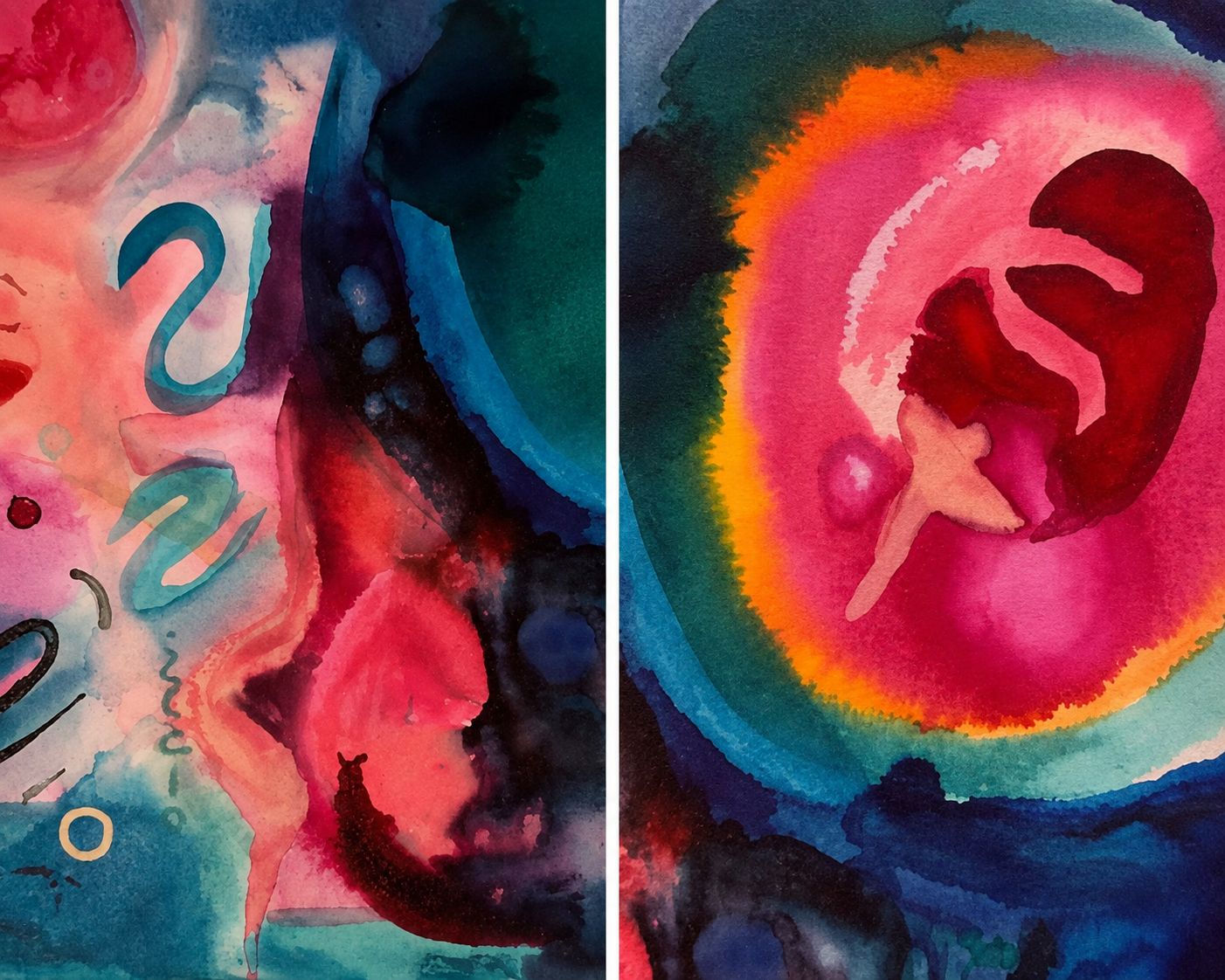 Abstract watercolor paintings featuring a mix of vibrant colors including pink, blue, green, black, and red. One side has swirling shapes and squiggles with dark blue and pink tones, while the other depicts a circular pattern with a ballerina silhoue