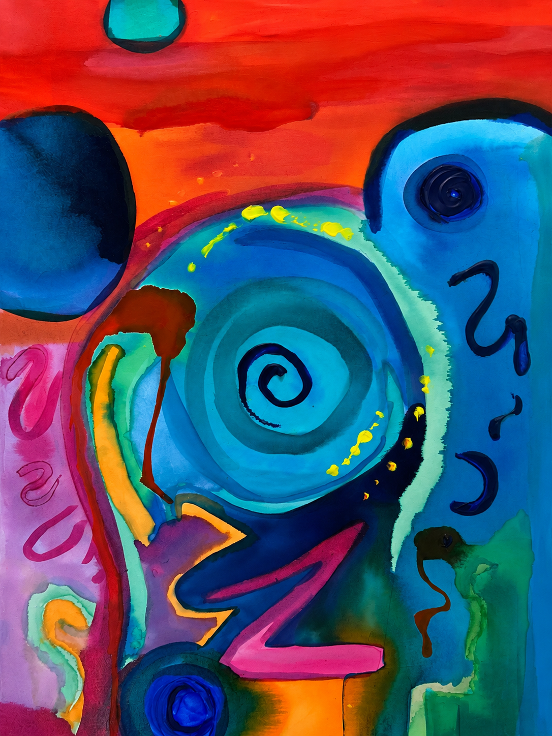 Abstract painting with bright colors, featuring concentric spirals, curved lines, and various shapes in shades of blue, pink, orange, green, and yellow.