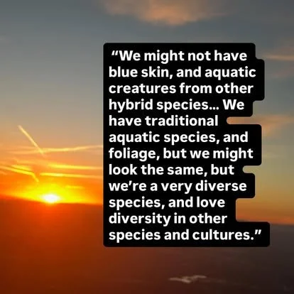 Sunset over a cloudy sky with a quote about aquatic creatures and biodiversity displayed in a black box.