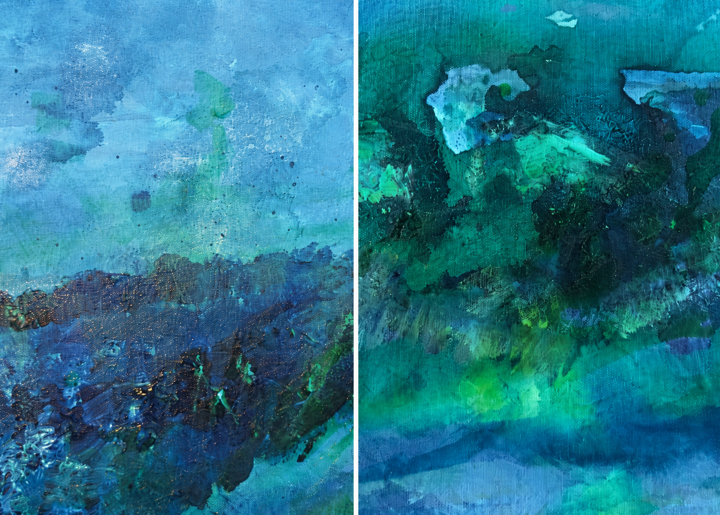 Abstract painting with blue, green, and teal colors, divided into two sections.