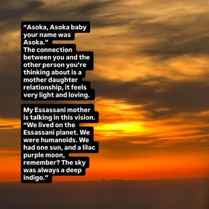 A sunset sky with dark clouds and orange hues, with text overlay about a connection to the Essassani planet and a mother named Asoka.