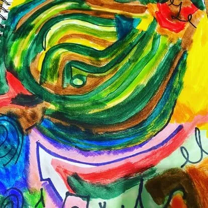 Colorful abstract painting with swirling green, yellow, red, blue, and black strokes.