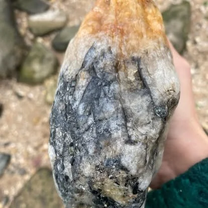 Close-up of a large, weathered stone or mineral specimen with gray, black, and brown coloration, being held outdoors.
