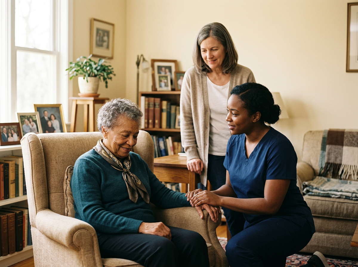 Three women in a warmly lit living room, one elderly woman sitting in a beige armchair, a middle-aged woman in a navy scrub uniform kneeling beside her holding her hand, and a woman standing behind them smiling, with family photos on a shelf in the background.