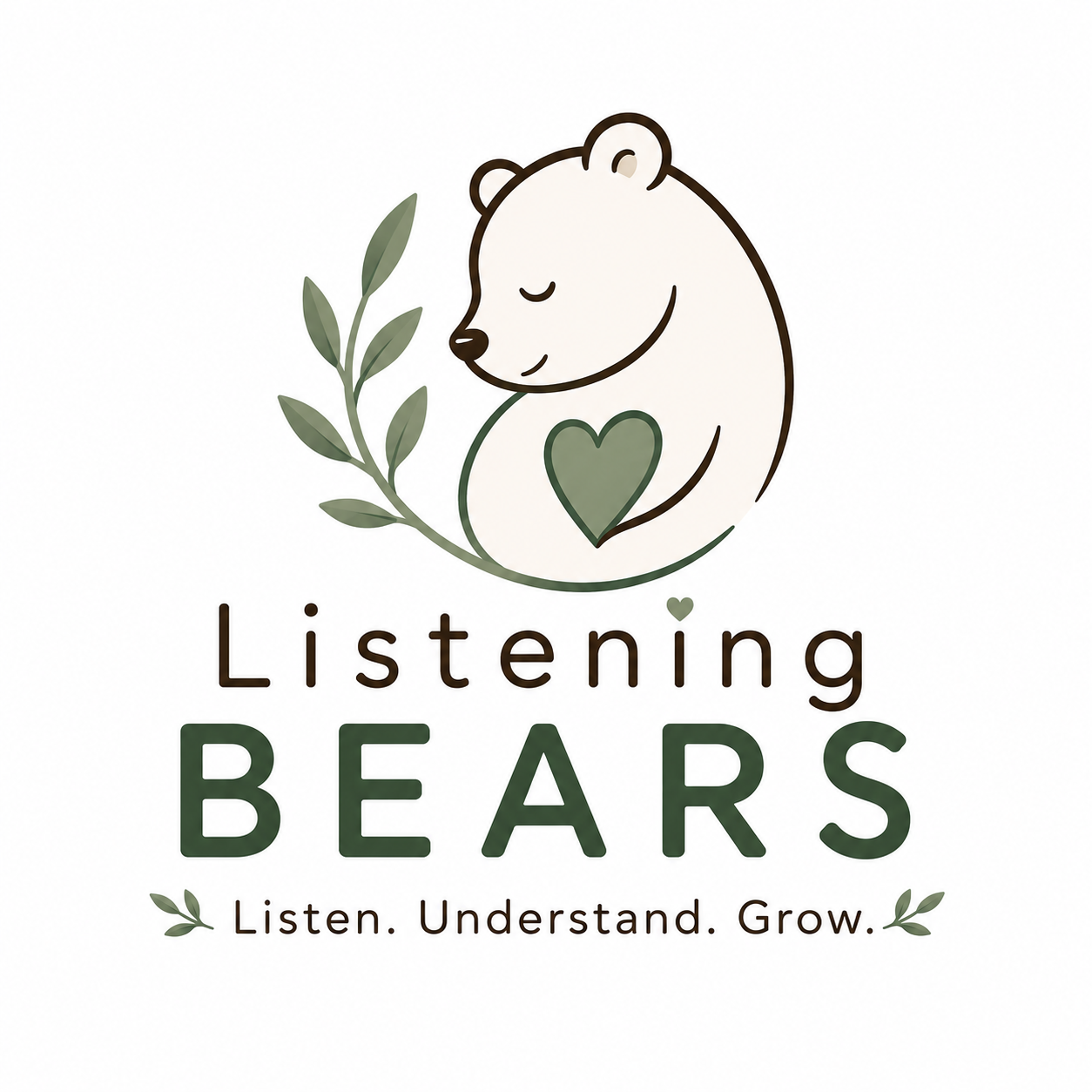 A logo for Listening Bears features a smiling bear hugging a green heart, with a leafy branch on the bear's side. The text reads 'Listening BEARS,' with the words 'Listen. Understand. Grow.' below, surrounded by small leaves.