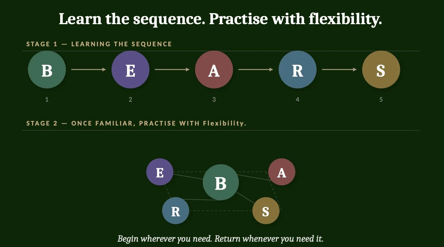 An infographic explaining the importance of learning the sequence of skills for flexibility. The top section shows a linear sequence of circles labeled B, E, A, R, S connected by arrows. The bottom section depicts the same elements connected in a flexible network with dotted lines, emphasizing practicing in various contexts. The background is dark green with light green text, and the title reads: 'Learn the sequence. Practise with flexibility.'