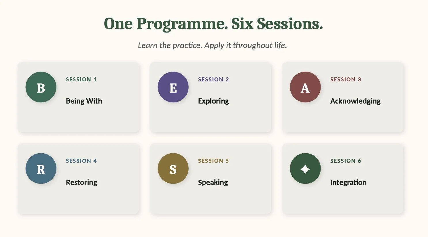 A schedule for a six-session program with titles and topics, featuring colorful circles with letters and session titles, including 'Being With,' 'Exploring,' 'Acknowledging,' 'Restoring,' 'Speaking,' and 'Integration'.