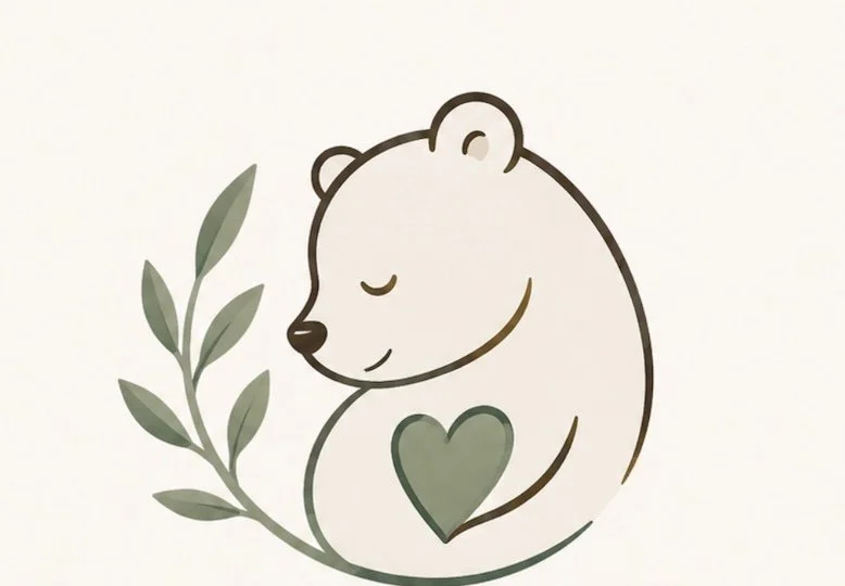 Illustration of a smiling bear hugging a heart, with a green leafy branch on the side.