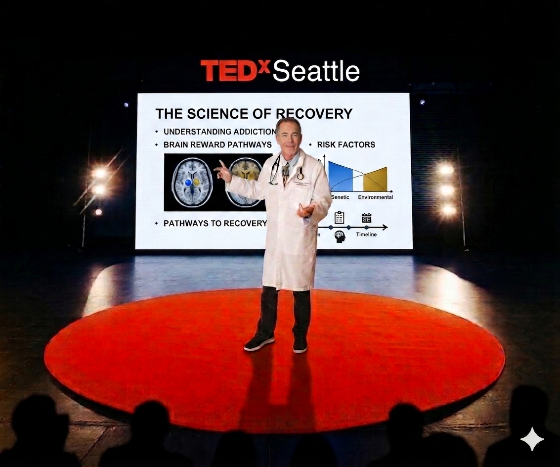 A man in a white lab coat giving a presentation at TEDx Seattle on the science of recovery, with a large slide behind him showing brain images and charts.