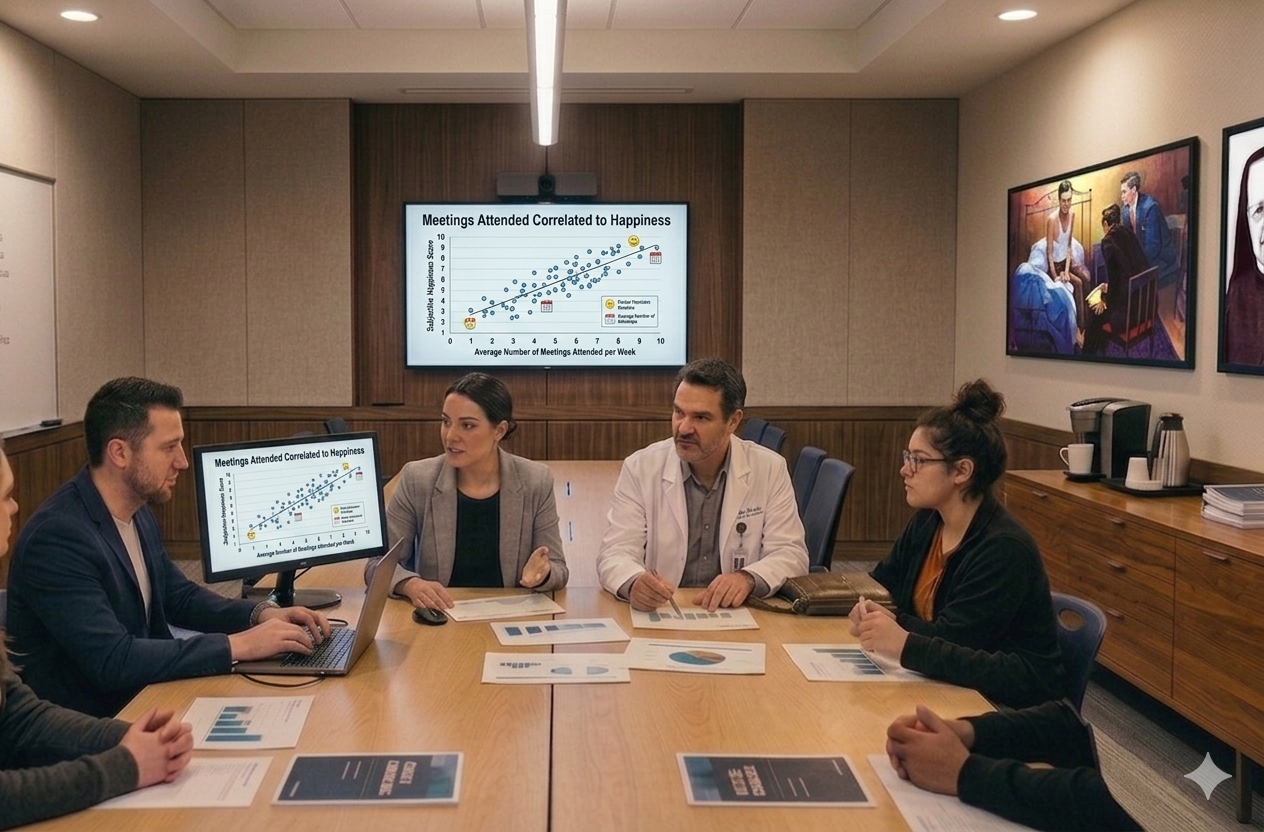A group of six people, including a doctor, sitting around a conference table in a meeting room, discussing graphs and charts displayed on a monitor and a large screen, with artwork on the walls and coffee supplies on a sideboard.