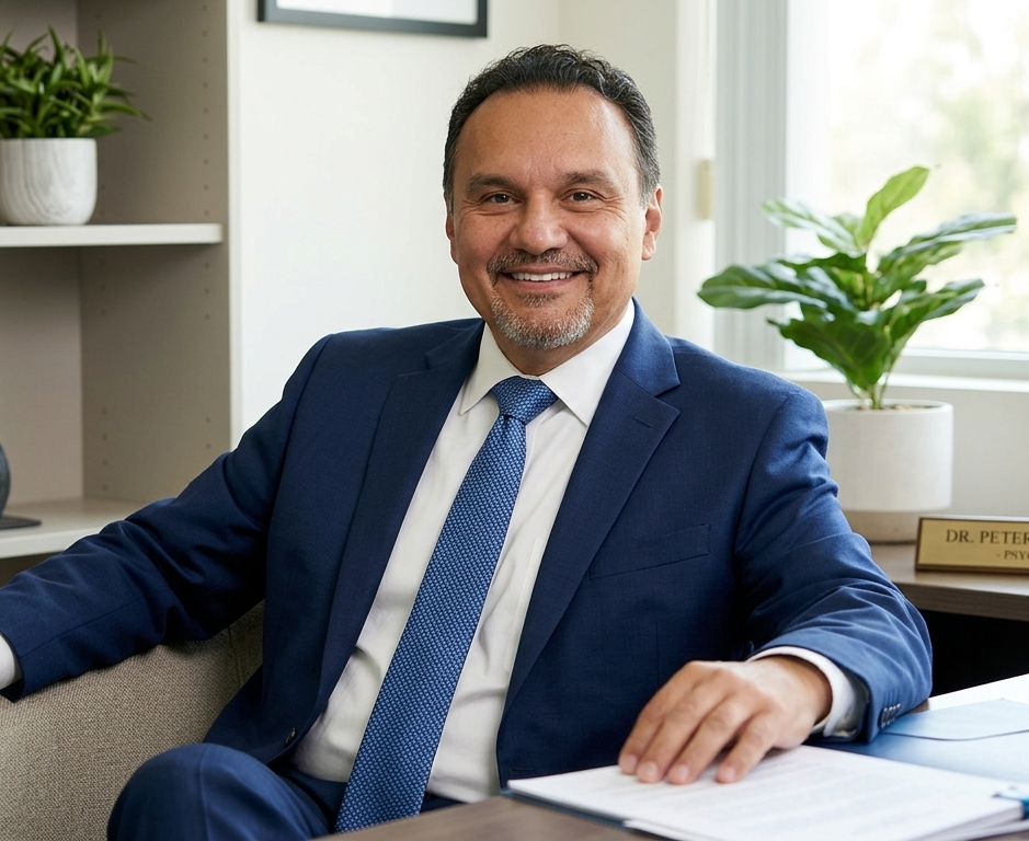Smiling man in a blue suit and tie sitting at a desk in an office.