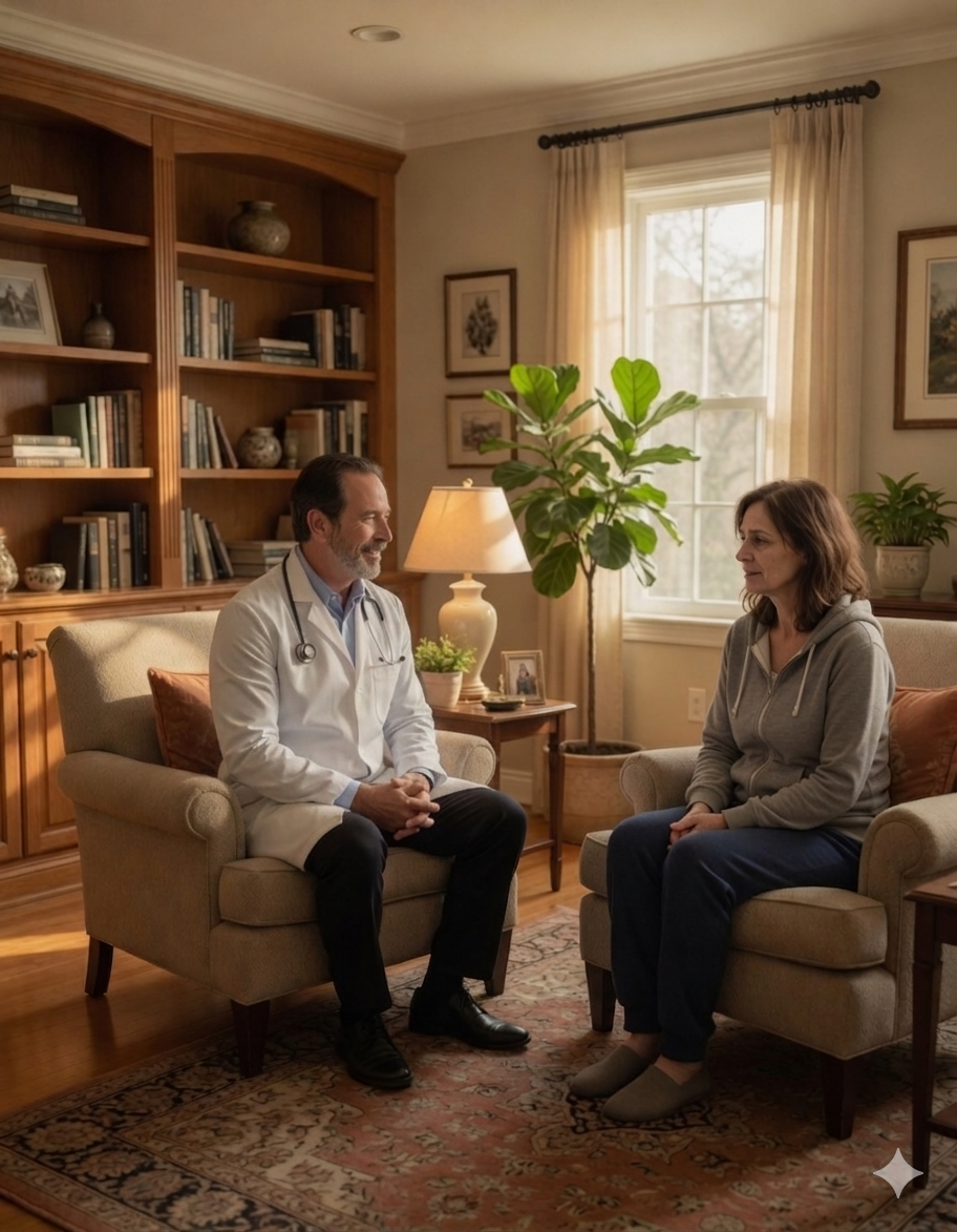 A doctor in a white coat and stethoscope talking to a woman during a consultation in a cozy, well-lit living room with bookshelves, a large window, and indoor plants.
