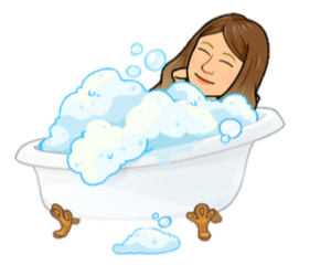 Cartoon girl taking a bubble bath in a clawfoot bathtub.