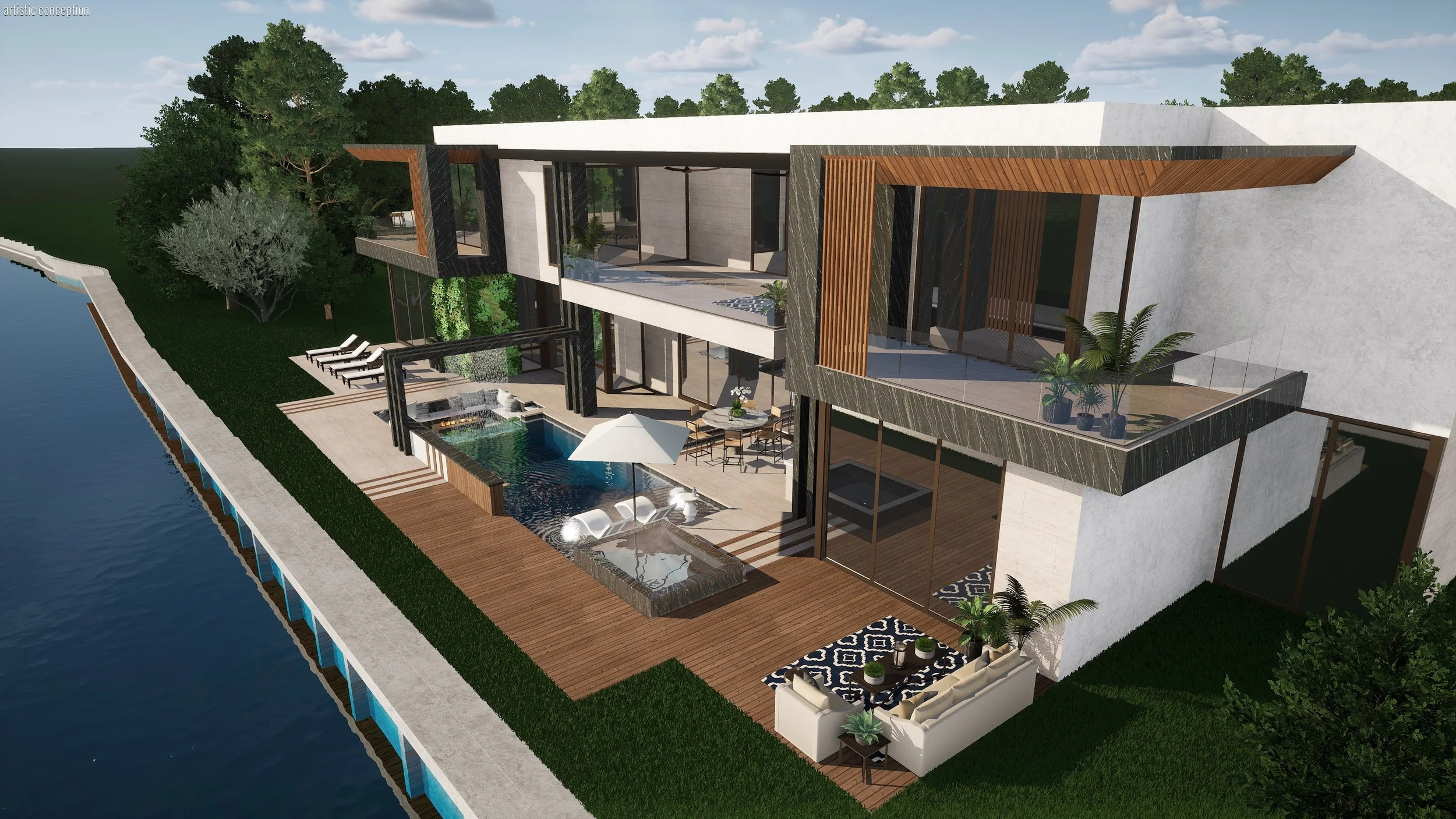 A modern house by the water with a pool, outdoor seating area, and extensive glass windows and doors. The house features a mix of white concrete, dark stone, and wood accents, with a landscaped yard and trees surrounding the property.