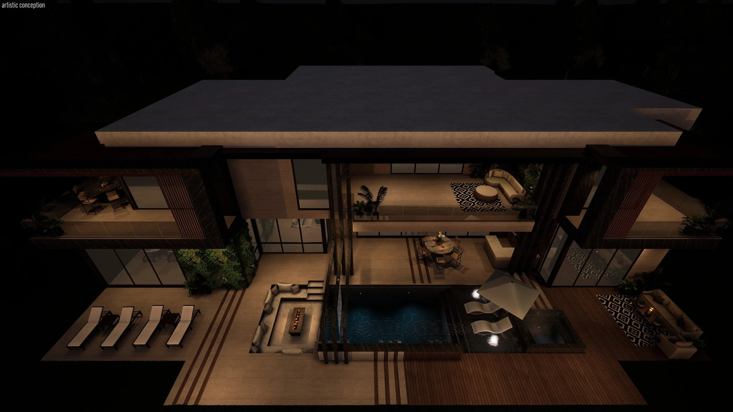 Nighttime aerial view of a modern, multi-level house with large glass windows and illuminated interior living spaces, including a patio with outdoor furniture, a dining area, and a pool.