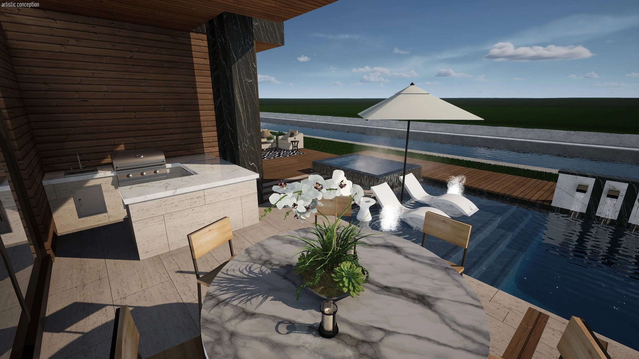 Modern outdoor patio with a built-in grill, a round marble dining table with chairs, a steaming hot tub with flowers nearby, a lazy river, lounge chairs with an umbrella, and a view of a grassy field and a canal under a partly cloudy sky.