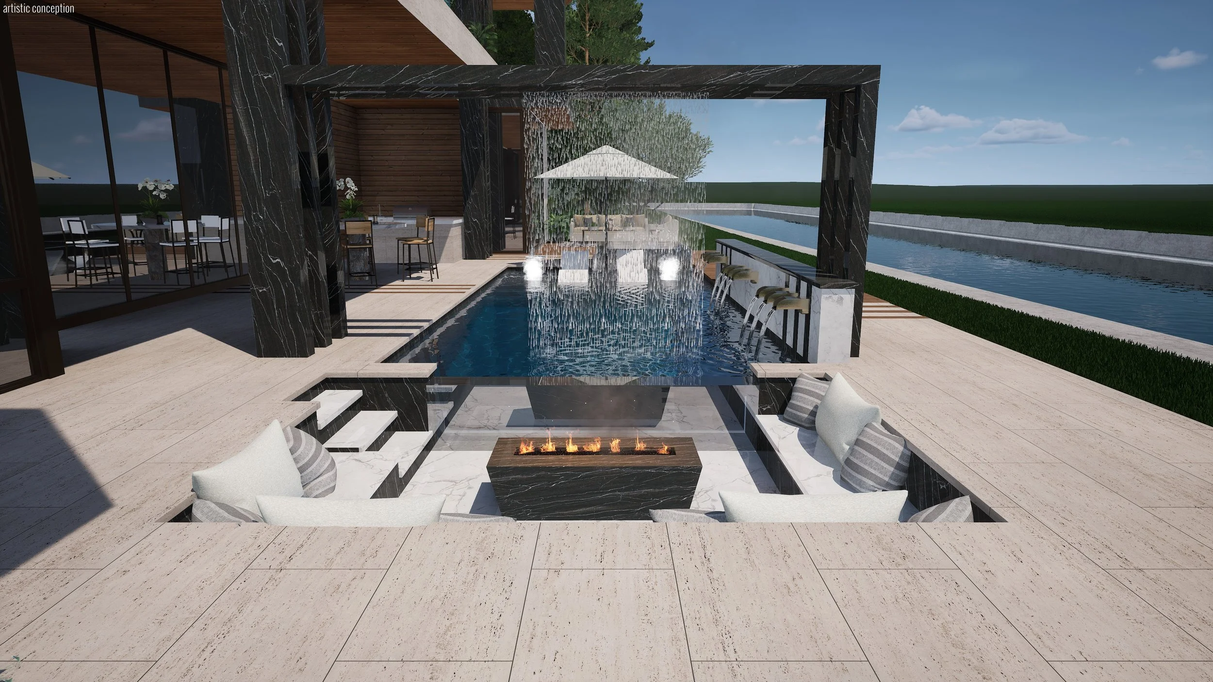 Modern outdoor pool area with water features, a fire pit, and lounge seating, overlooking a canal and surrounded by greenery.