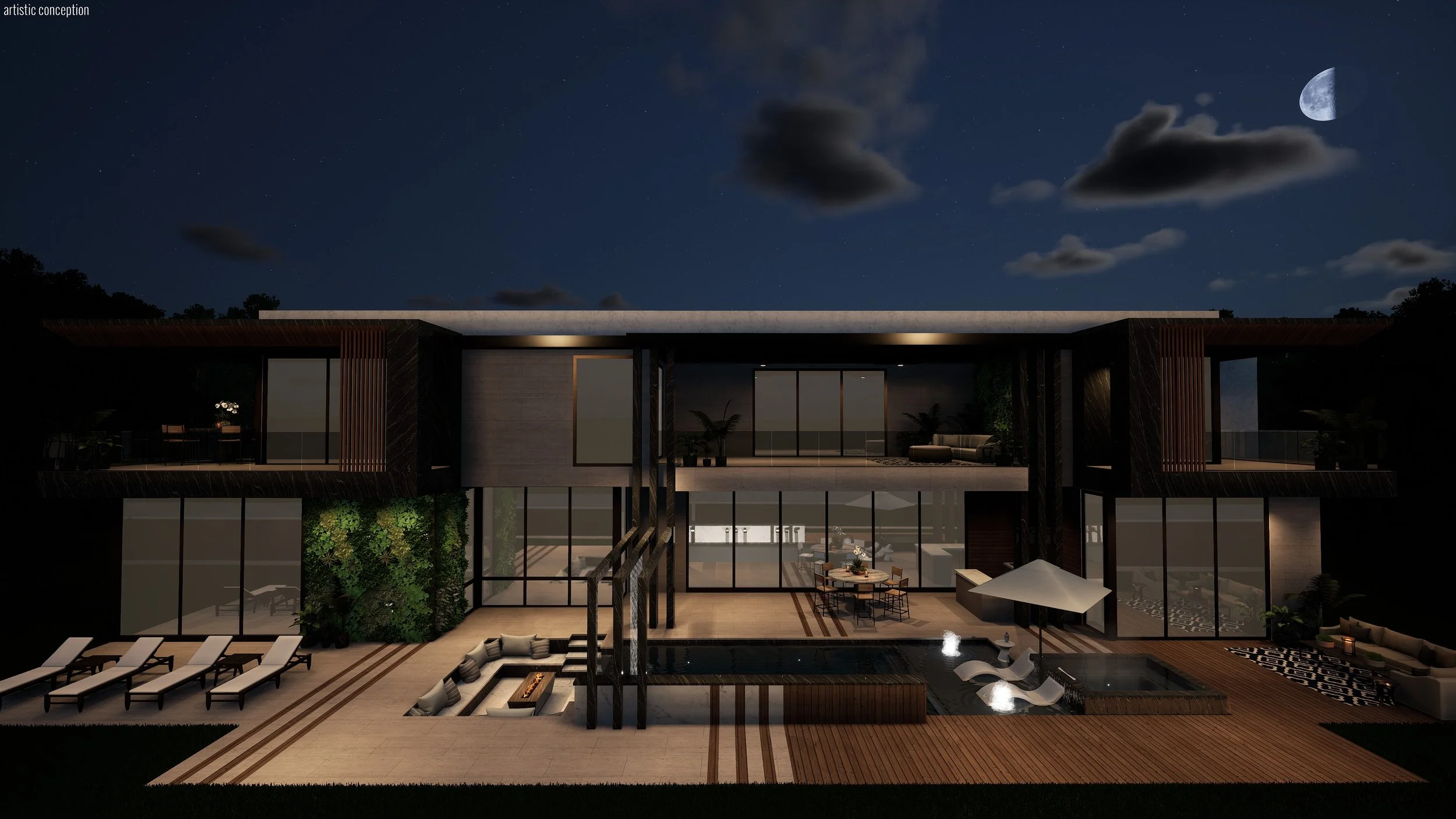 Night view of a modern, multi-story house with large glass windows, a rooftop terrace, outdoor seating area, and a pool. The sky features the moon, stars, and clouds.