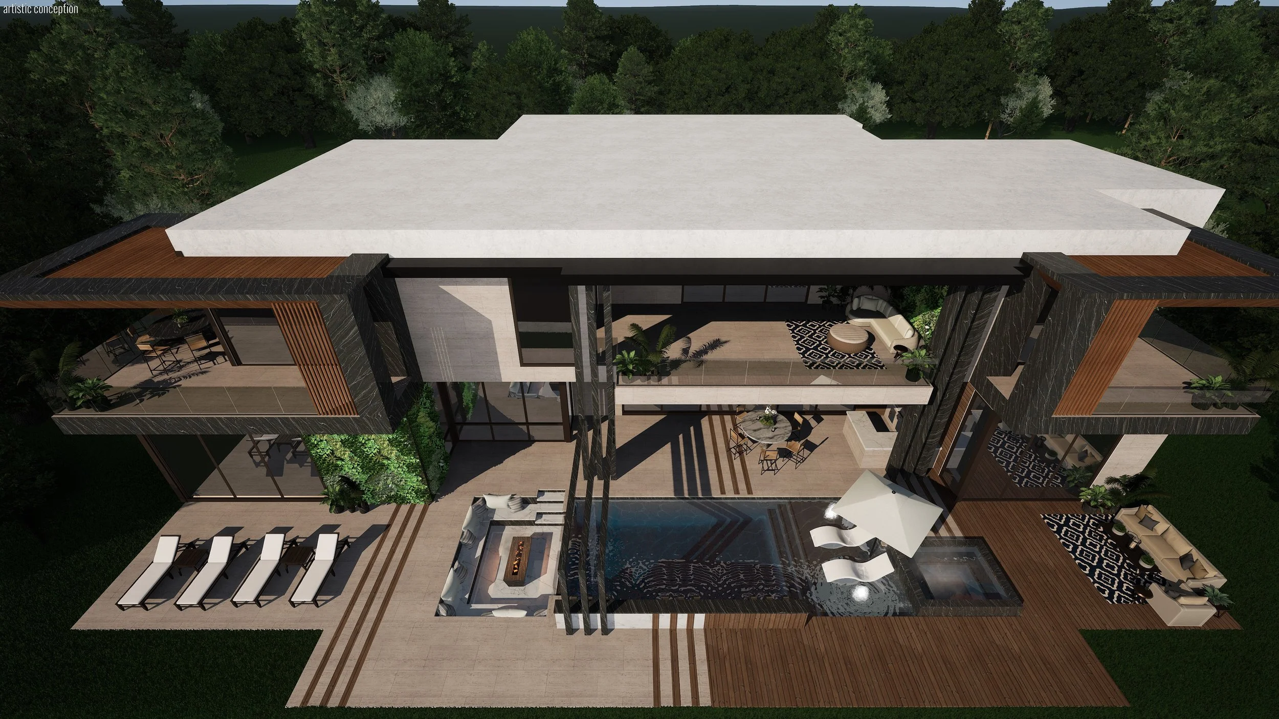 A luxurious modern two-story house with an outdoor patio, garden, and swimming pool, surrounded by trees.