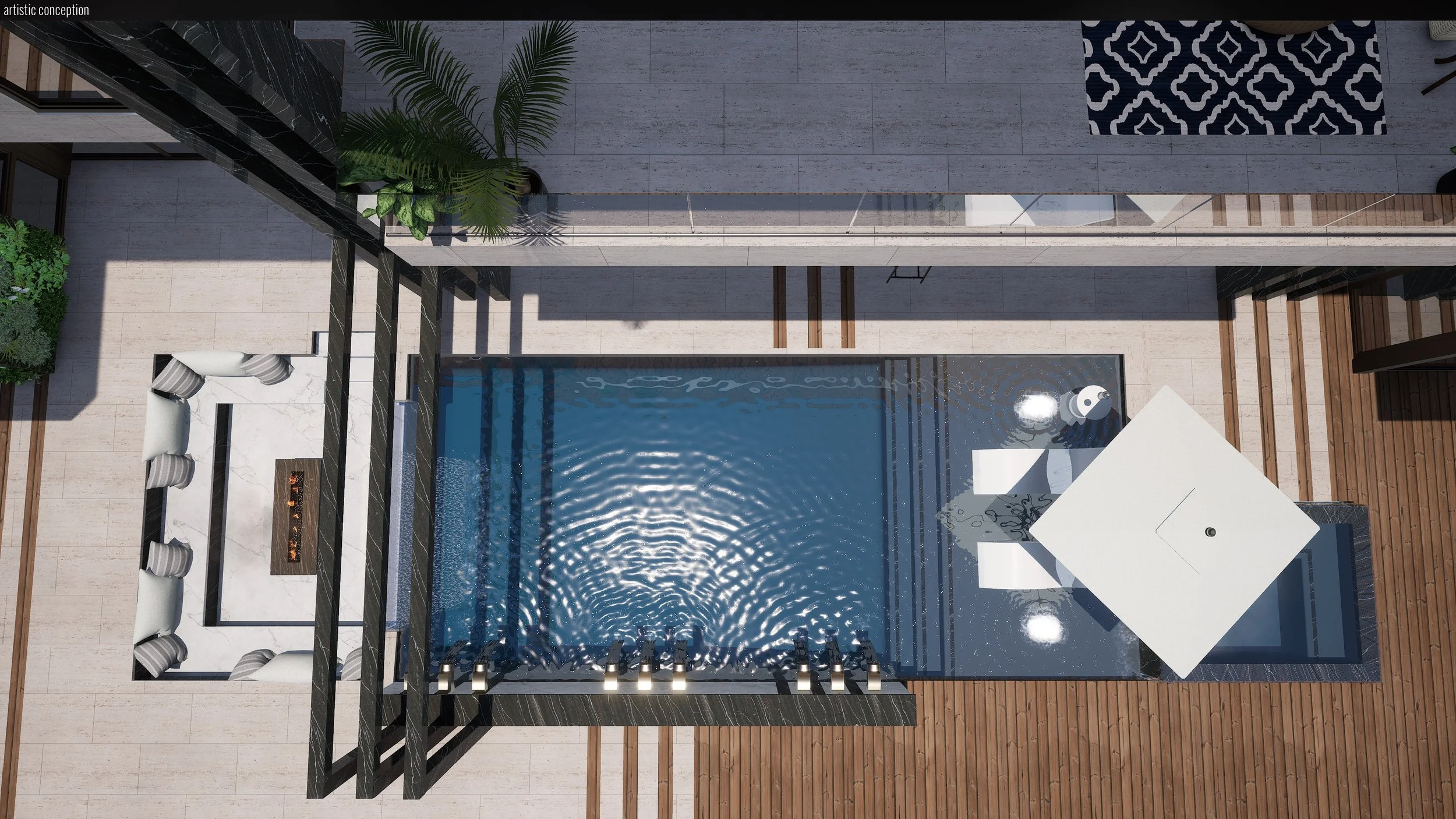 An aerial view of a modern outdoor space featuring a swimming pool, patio area with seating, and lush greenery.