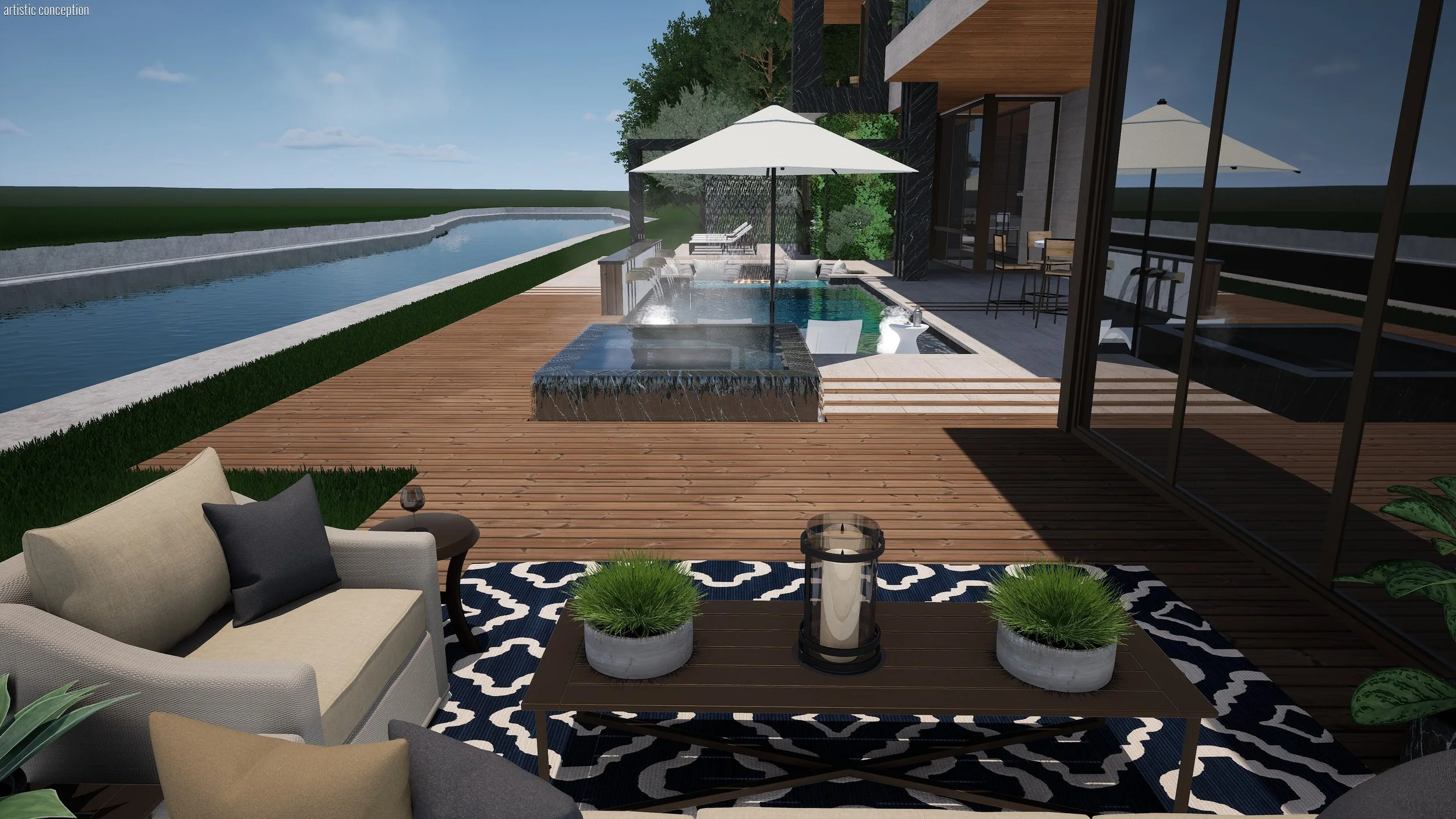 Outdoor modern patio with a pool, shaded seating area, umbrellas, potted plants, and a view of water and greenery in the background.