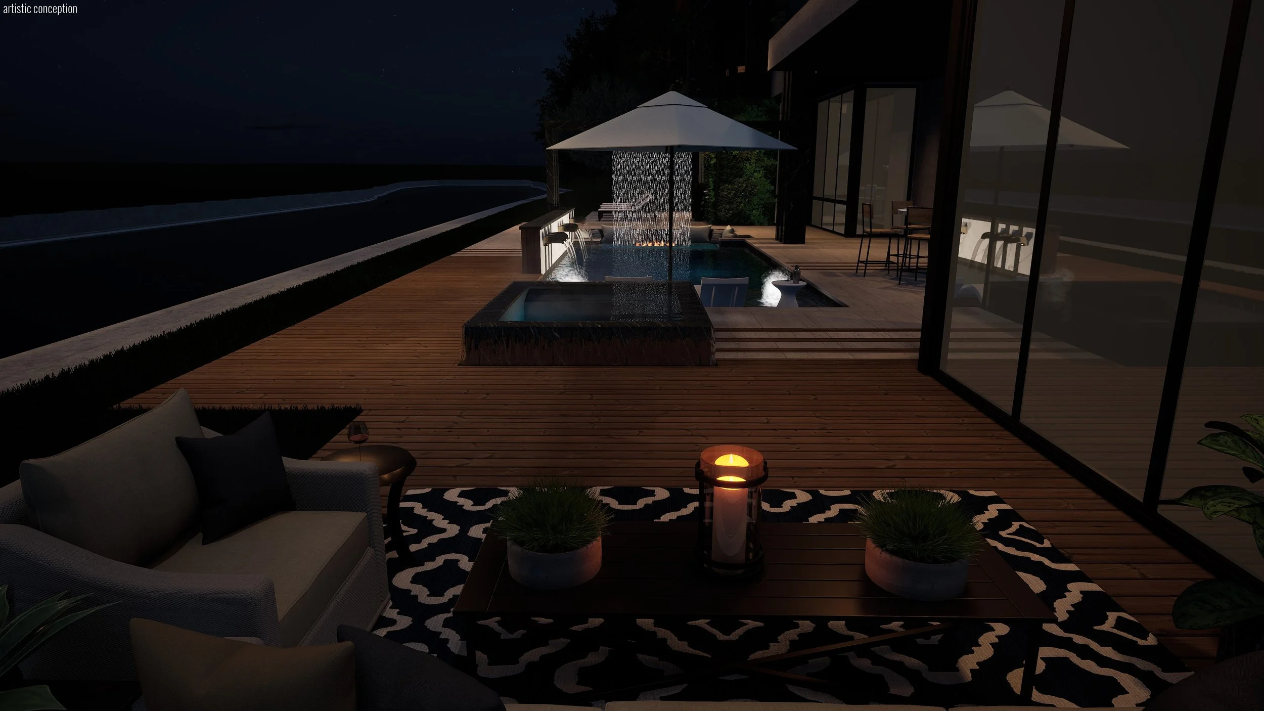 Nighttime outdoor patio with a lit candle, a patterned rug, patio furniture, and a pool with a waterfall feature under a large umbrella.